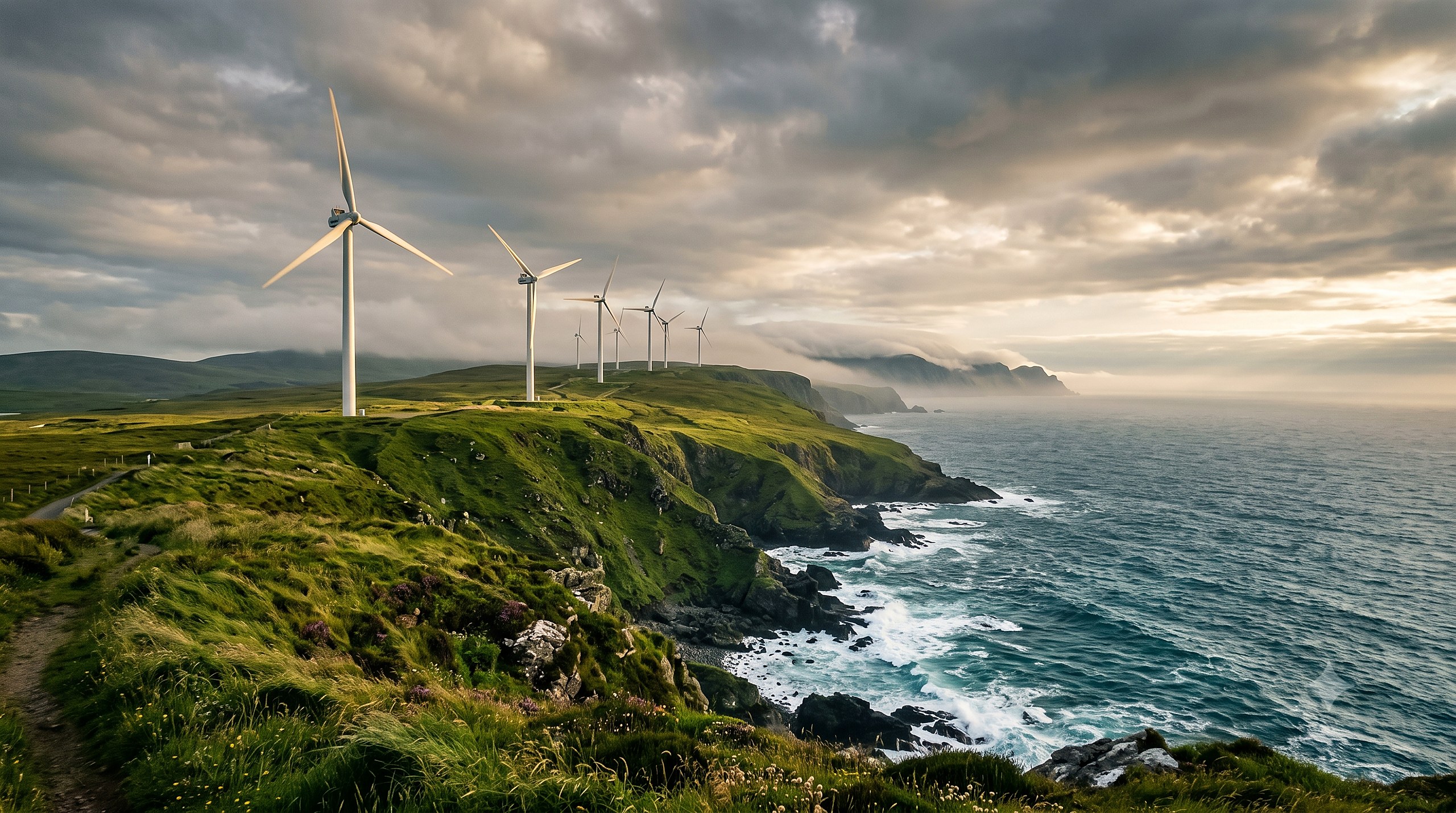 Wind turbines on a green coastal cliff above the ocean — this is real green energy